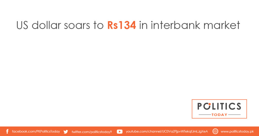 US dollar soars to Rs134 in interbank market